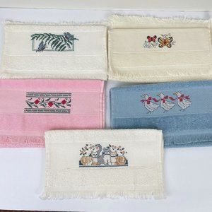 Vintage 90s Handmade Completed Cross Stitch Finger Towels Terry Cloth Lot of‎ 5